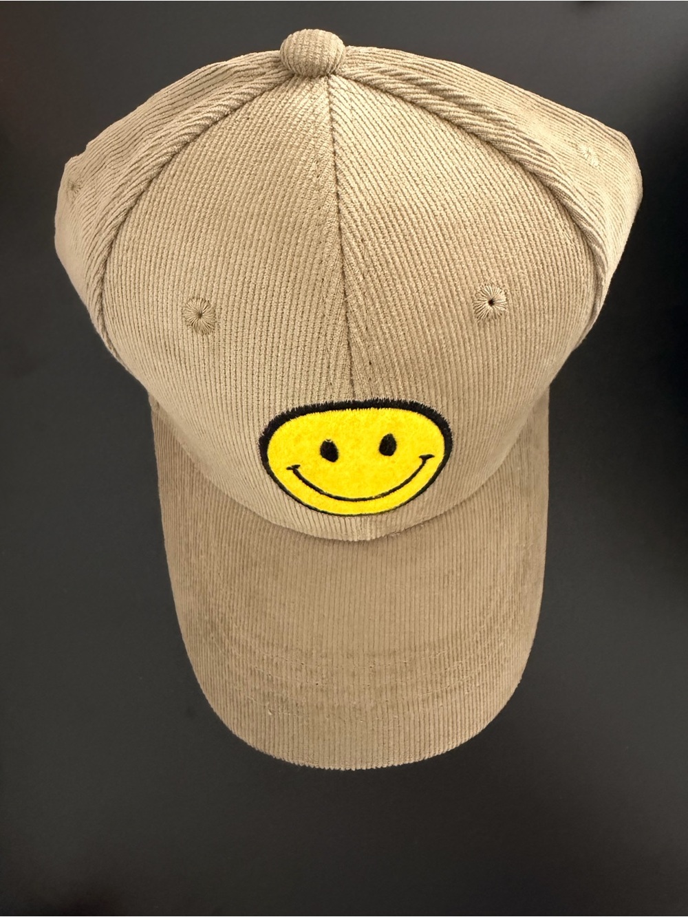 Kids Corduroy Baseball Cap with Smiley Patch - Tan